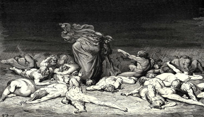 Dante e Virgilio attraversano il cerchio dei golosi tra le anime dannate immerse nel fango