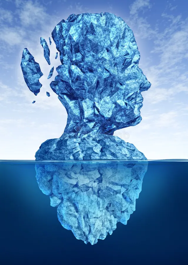 Volto umano di ghiaccio che si dissolve, simbolo di isolamento emotivo e freddezza sociale