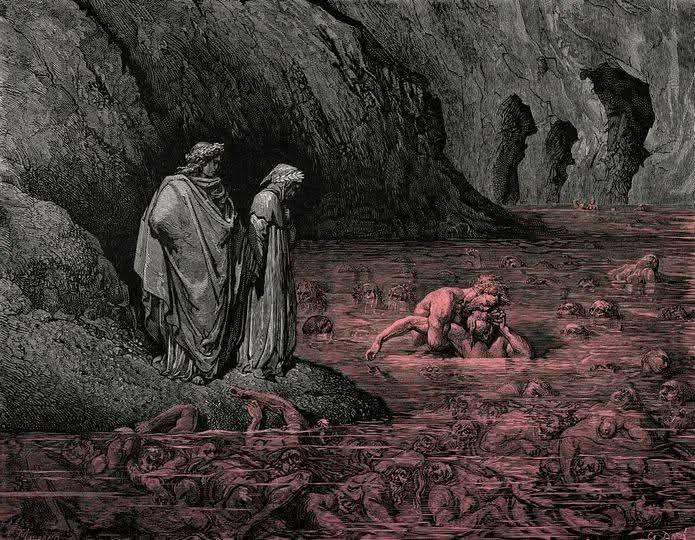 Dante e Virgilio osservano i dannati immersi nel ghiaccio dell’Antenora, illustrazione di Gustave Doré per la Divina Commedia di Dante Alighieri, incisione su legno, 1861–1868