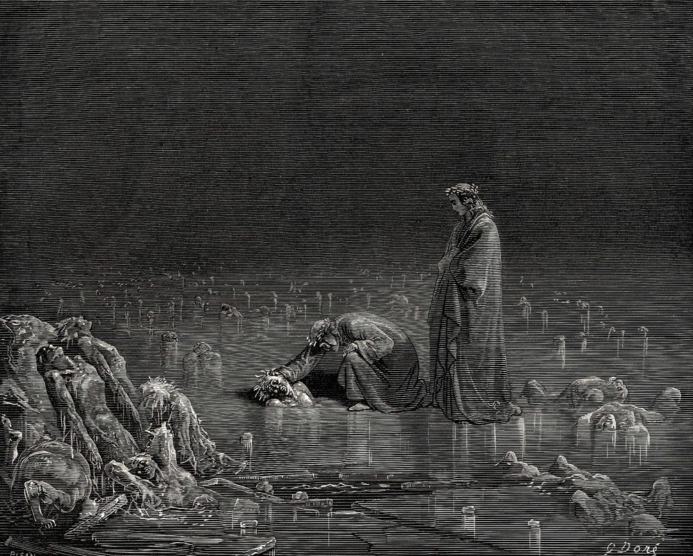 Dante e Virgilio attraversano la Caina tra i traditori immersi nel ghiaccio del Cocito