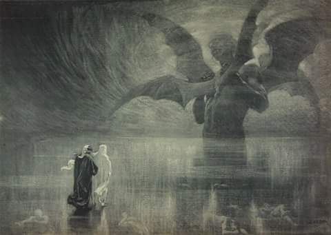 Dante e Virgilio davanti a Lucifero nella Giudecca, al centro del Cocito ghiacciato