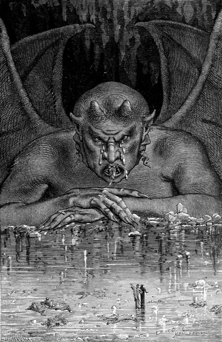 Lucifero gigantesco emerge dal ghiaccio del Cocito mentre Dante e Virgilio attraversano il lago infernale