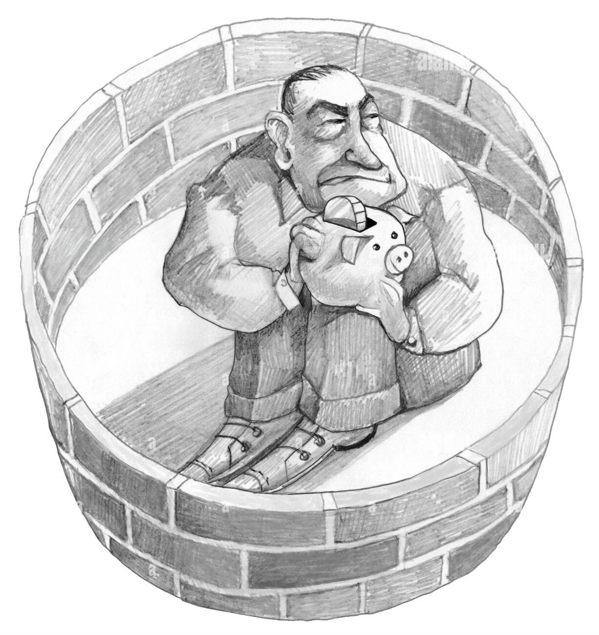 Illustrazione satirica di un uomo egoista che protegge il proprio denaro all’interno di un muro
