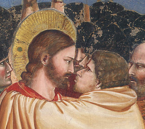 Giuda Iscariota tradisce Gesù con un bacio, dettaglio di un affresco medievale