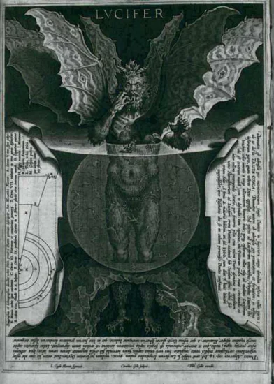 Lucifero gigantesco mastica un dannato nel lago ghiacciato del Cocito