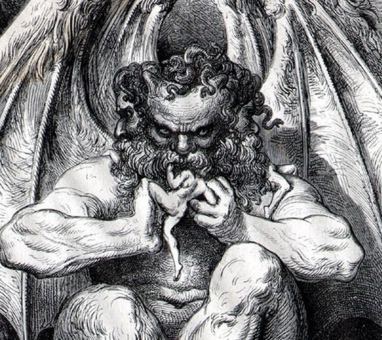 Lucifero mostruoso mentre divora eternamente un dannato nel centro dell’Inferno