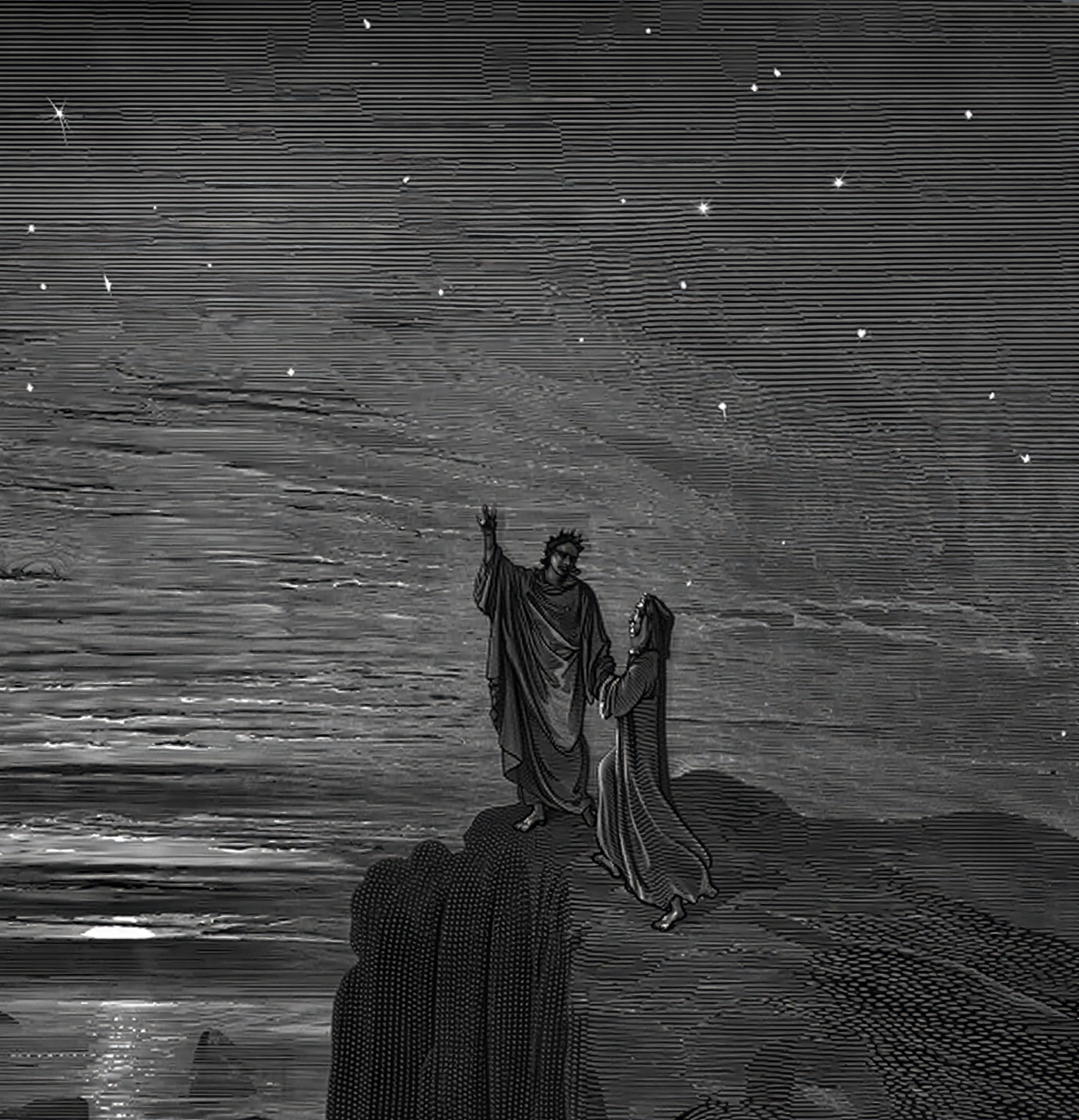 Dante e Virgilio osservano il cielo stellato dopo l’uscita dall’Inferno nella Divina Commedia